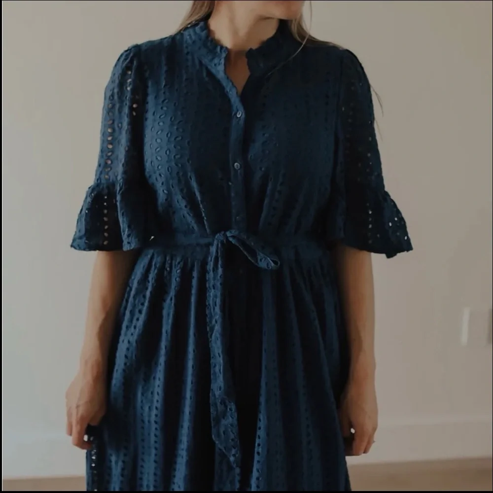 Navy Blue Cotton Eyelet Midi Dress - Picture 2 of 8